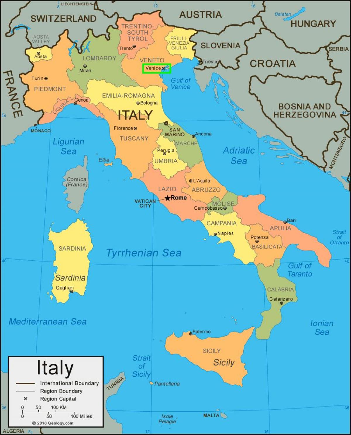 mapa de Venecia e italia